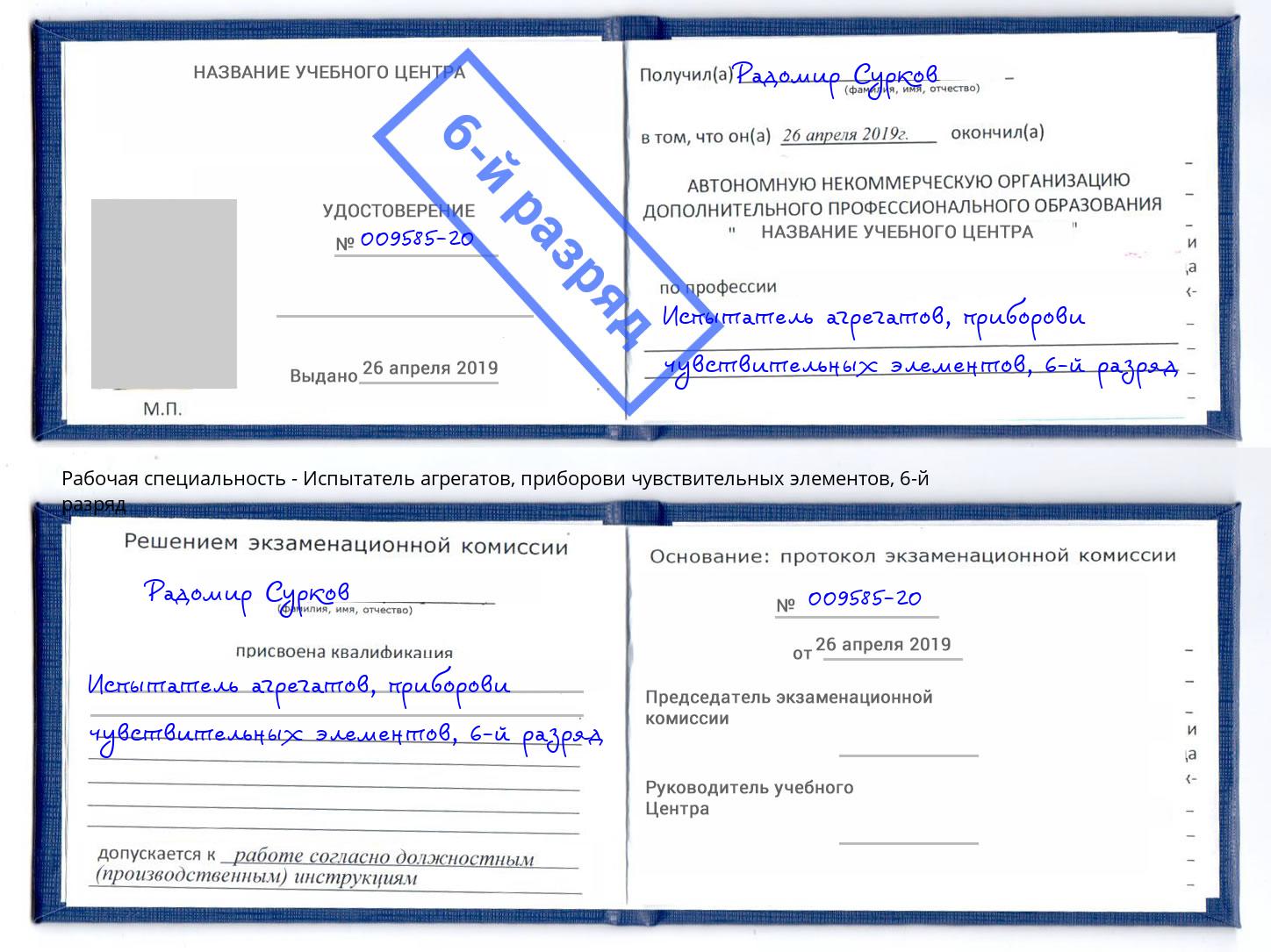 корочка 6-й разряд Испытатель агрегатов, приборови чувствительных элементов Южноуральск