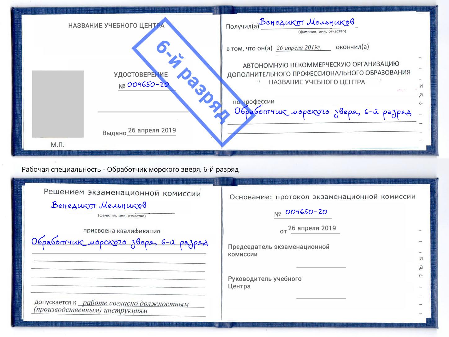 корочка 6-й разряд Обработчик морского зверя Южноуральск
