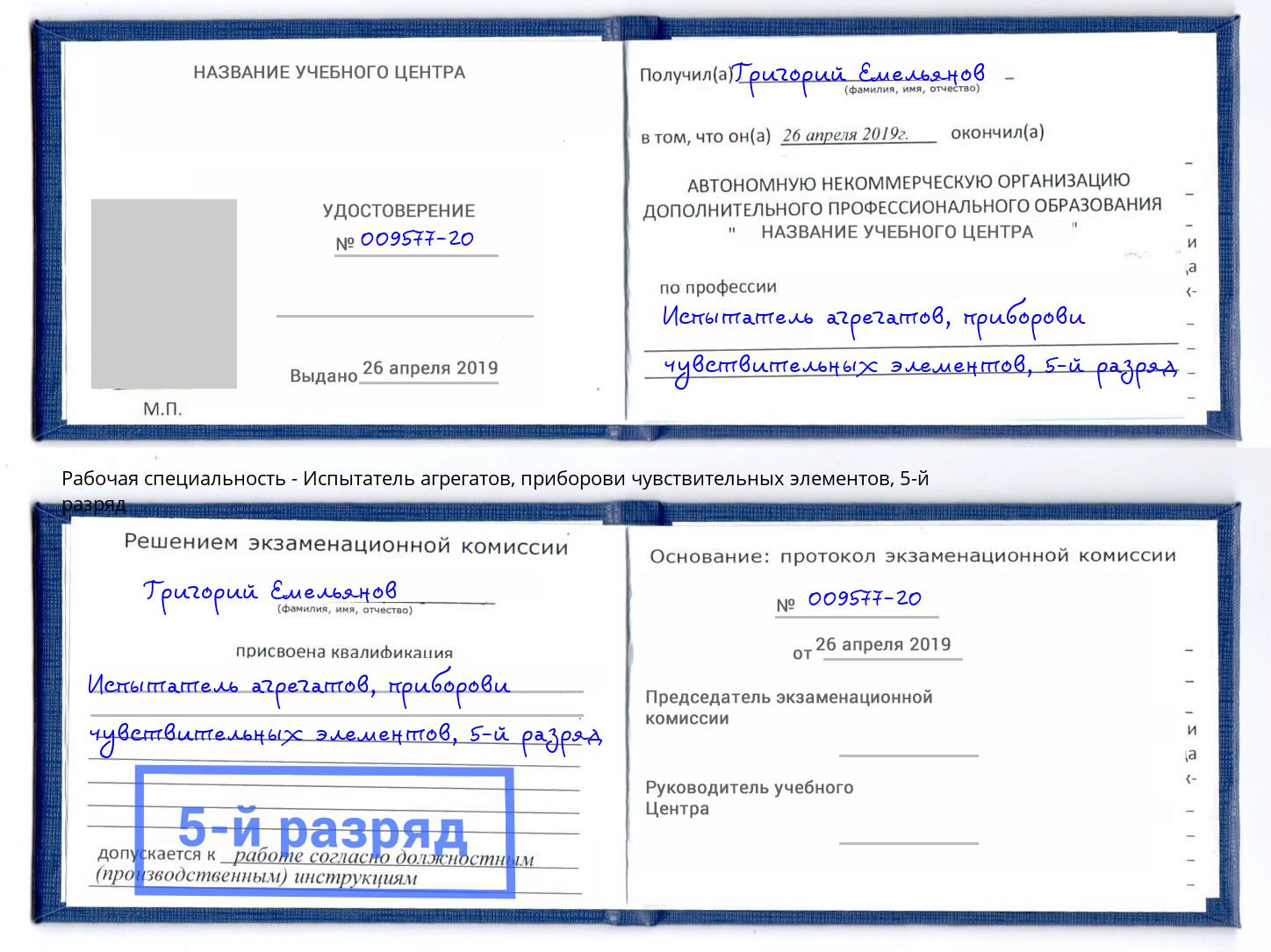 корочка 5-й разряд Испытатель агрегатов, приборови чувствительных элементов Южноуральск