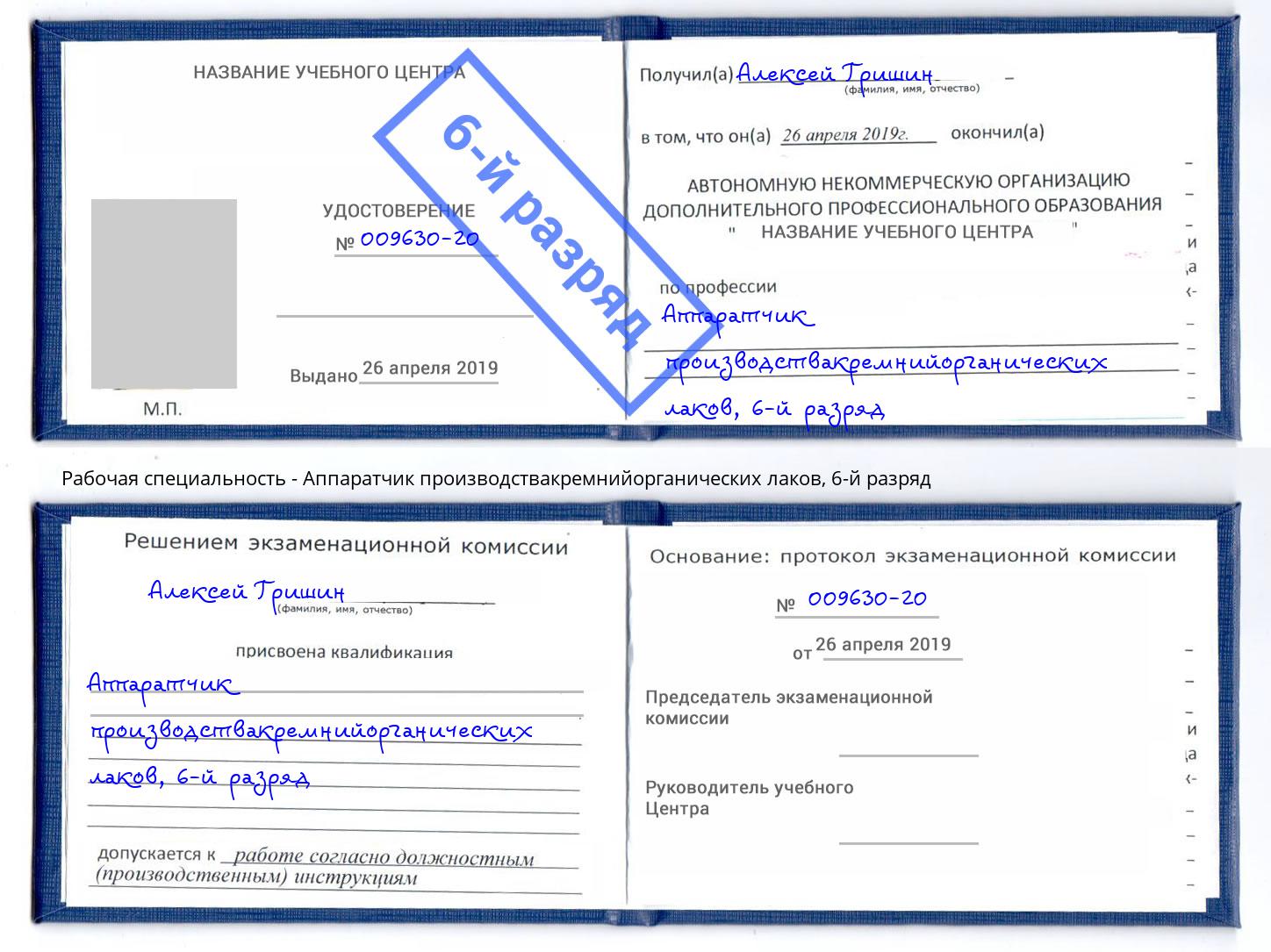 корочка 6-й разряд Аппаратчик производствакремнийорганических лаков Южноуральск