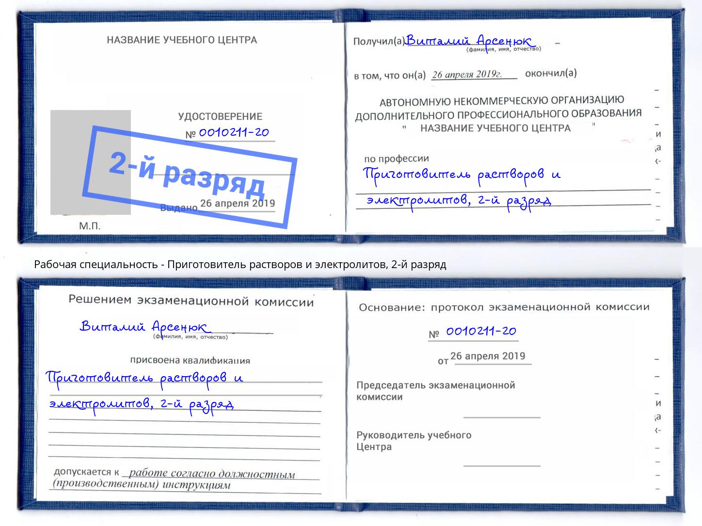 корочка 2-й разряд Приготовитель растворов и электролитов Южноуральск