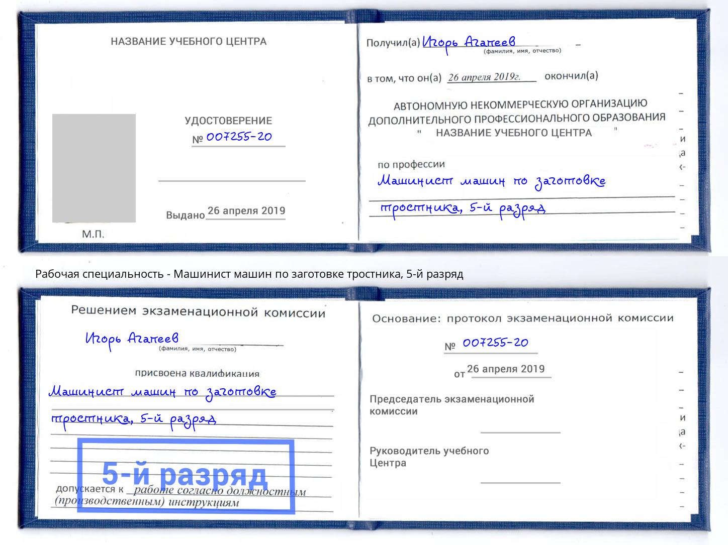 корочка 5-й разряд Машинист машин по заготовке тростника Южноуральск