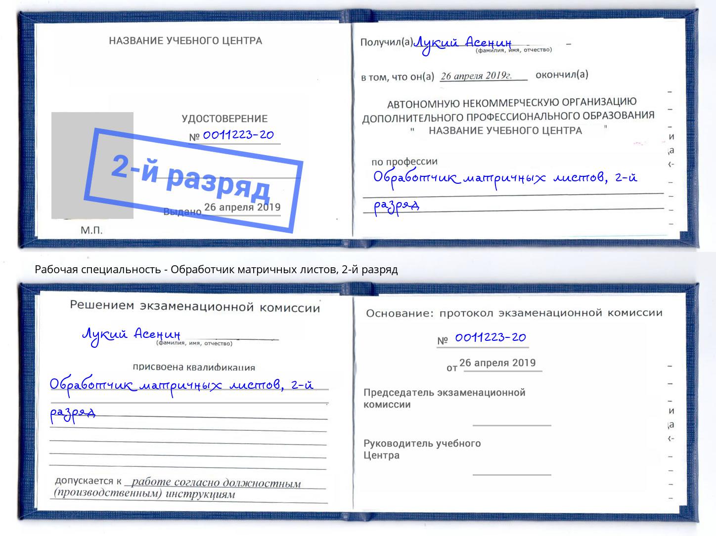 корочка 2-й разряд Обработчик матричных листов Южноуральск