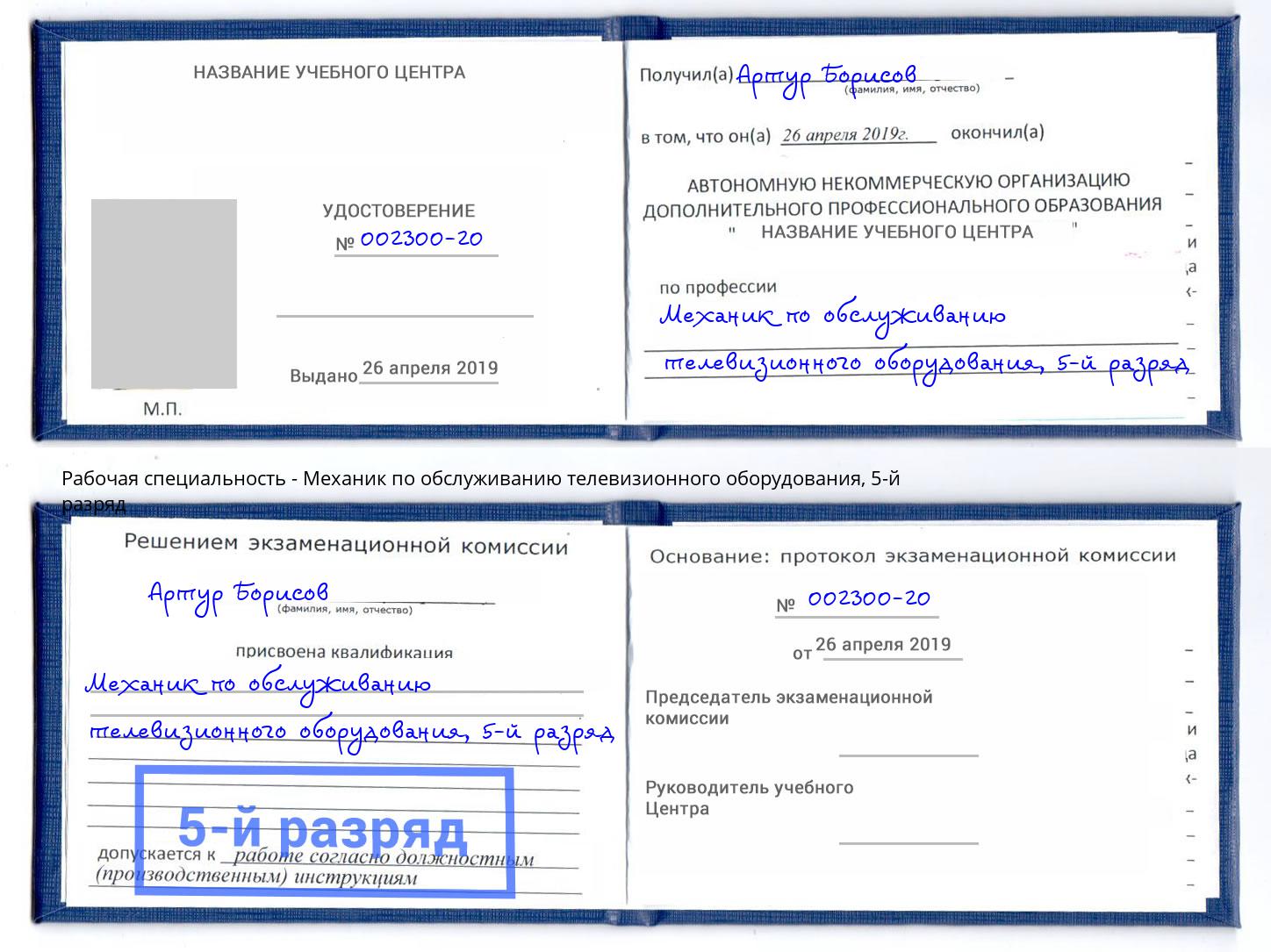 корочка 5-й разряд Механик по обслуживанию телевизионного оборудования Южноуральск