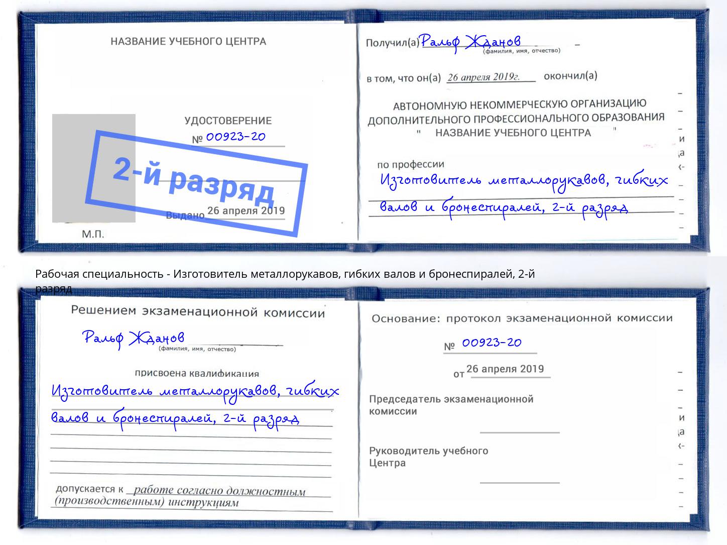 корочка 2-й разряд Изготовитель металлорукавов, гибких валов и бронеспиралей Южноуральск